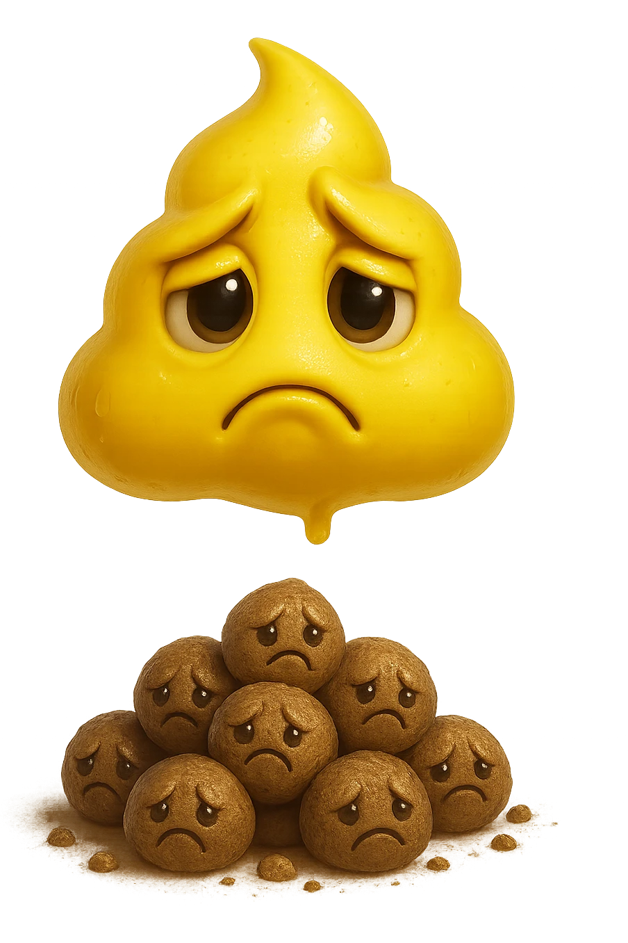 emoji stile iphone di una cacca giallina e liquida con espressione triste, sopra una montagnetta di feci a palline con espressione triste, iperrealistico 4k, isolato su sfondo bianco emoji