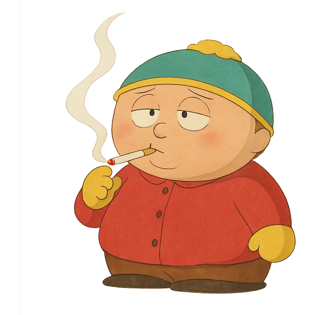 ghibli style Eric Cartman from South Park smoking, no background emoji
