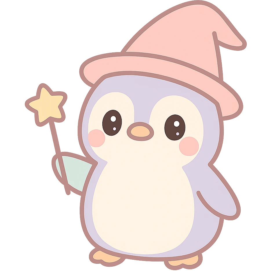cute penguin wizard, soft colors, magical hat, holding a wand emoji