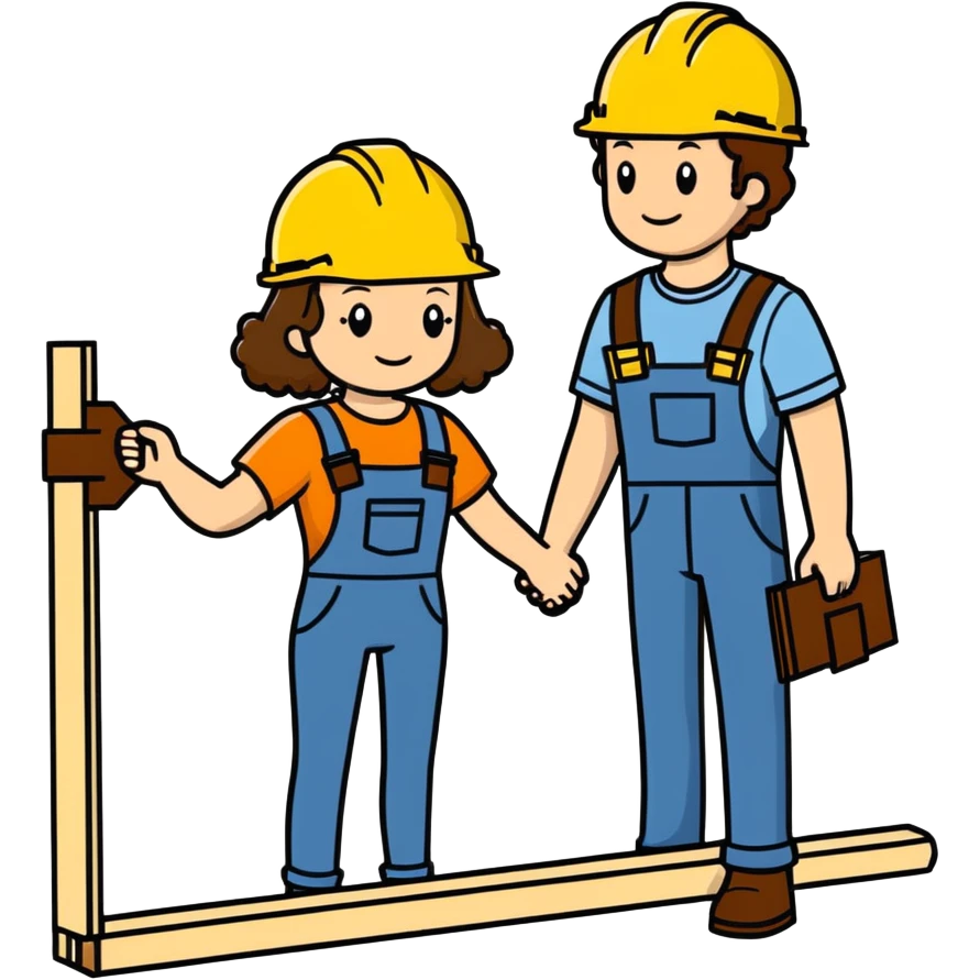 a couple holding hands, boyfriend with short brown hair, girlfriend with long brown curls, both wearing construction helmets and holding construction plans, cartoonish sticker style emoji