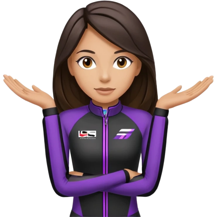 brunette long hair woman with black racing outfit with single purple strips on arms emoji