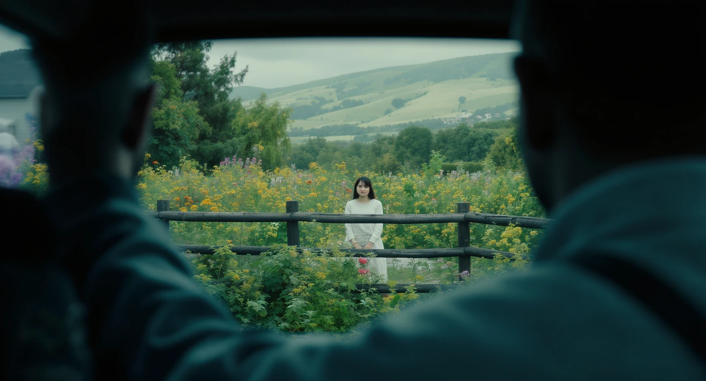 A portrait of a person in the foreground, blurred plants in the foreground (frame within a frame), a wooden fence and colorfull flowers in the midground, rolling hills in the background, cinematic depth of field, layered composition, natural lighting emoji