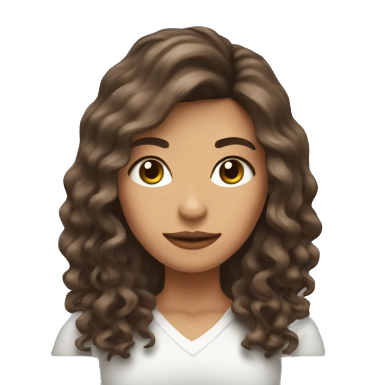 mujer con pelo largo, flequillo y rizos. ojos marrones emoji