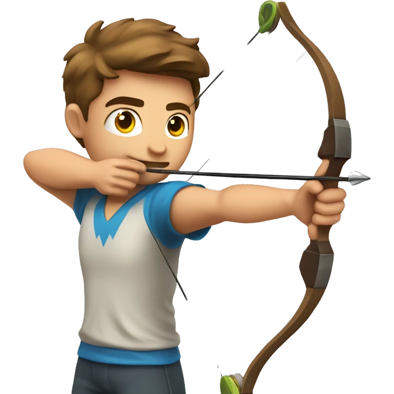 a male archer aiming with a bow looking at his target, wearing a tshirt, brown hair, bright skin, emoji