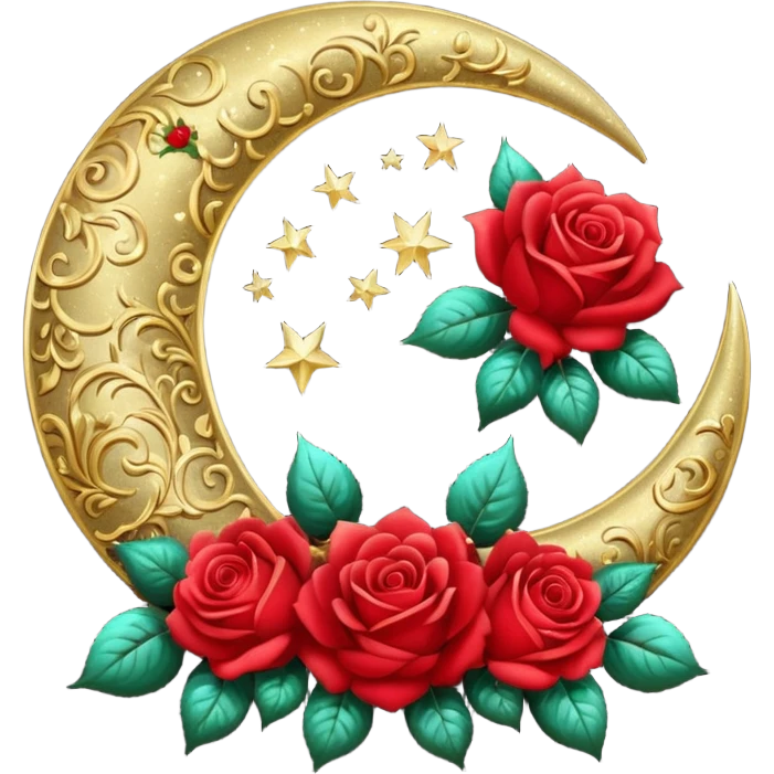 Romantic shiny sparkly glossy glittery vintage crescent damask moon with roses emoji