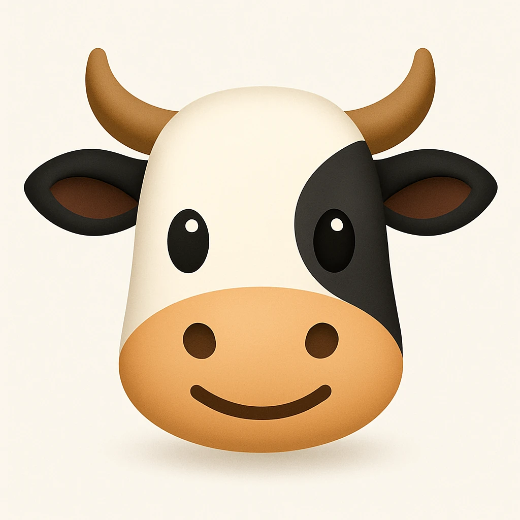 Create a simplified, friendly cow face emoji similar to the reference image. The emoji should have black and white markings and horns, with a soft shadow added under the face, in a simplified emoji-like style. emoji