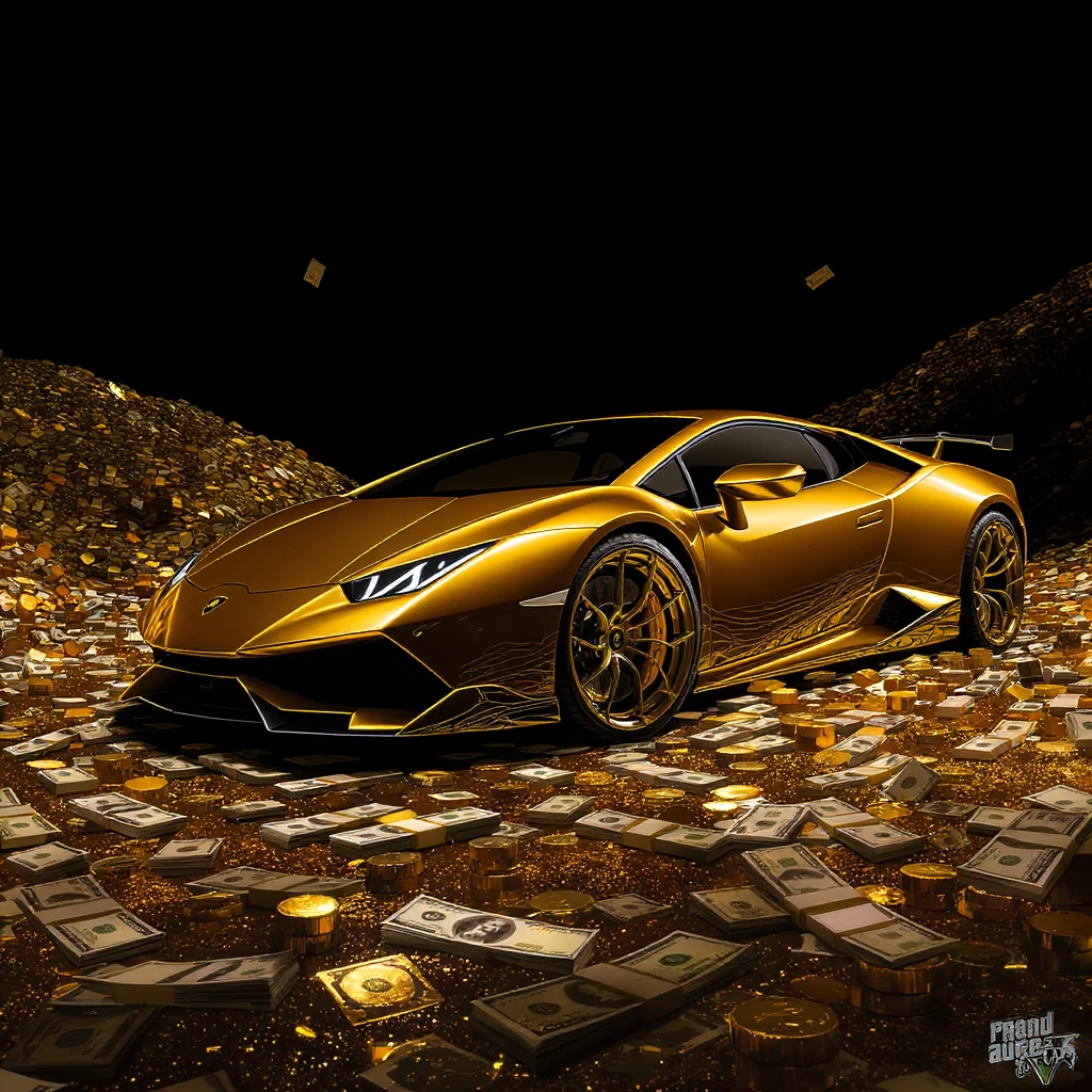 GTA V art style, digital paint, gold lamborghini huracan standing between a lot of gold and money , symmetrical, black solid color background, studio, low angle emoji