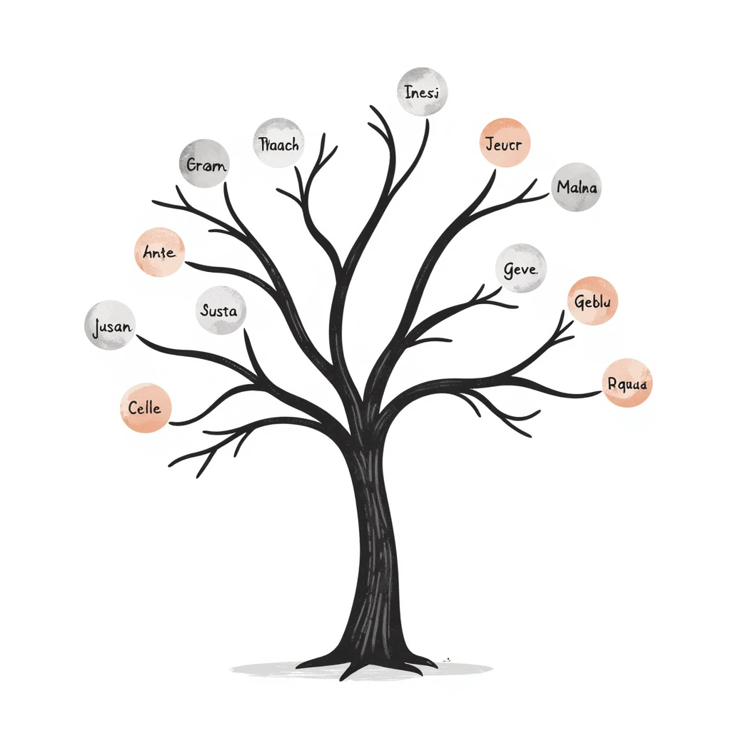 Hand-drawn ethereal family tree with delicate flowing lines connecting ancestor circles, dreamy watercolor-like effects emoji