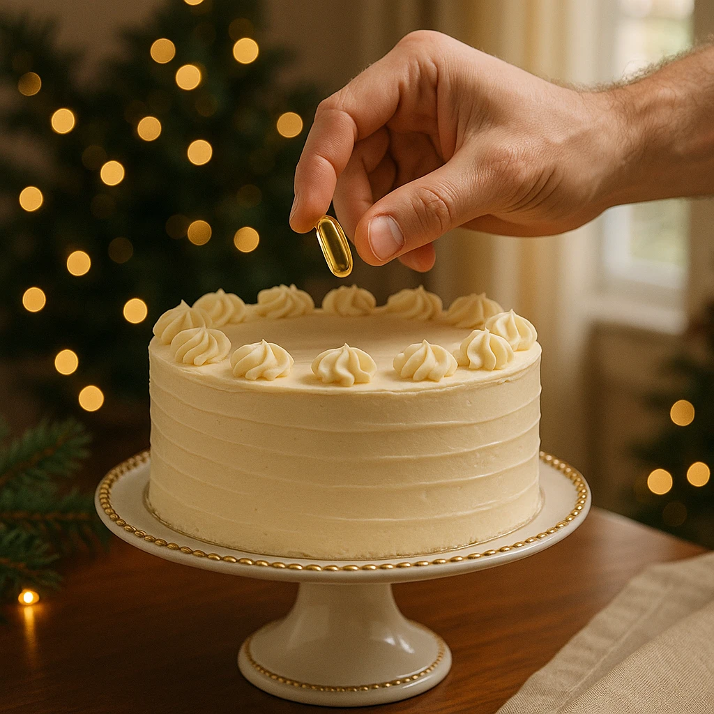 realistic style, hand placing a supplement capsule on an elegant cake, festive atmosphere, refined details, home environment emoji