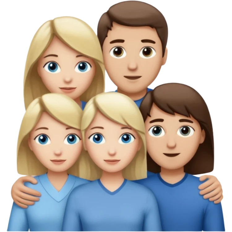 3 people. Throuple. Blank woman with blond hair and blue eye color on left. And also a blank man with brown hair and grey eye color in the middle. And a blank woman with brown hair and grey eye color on the right. Holding each other emoji