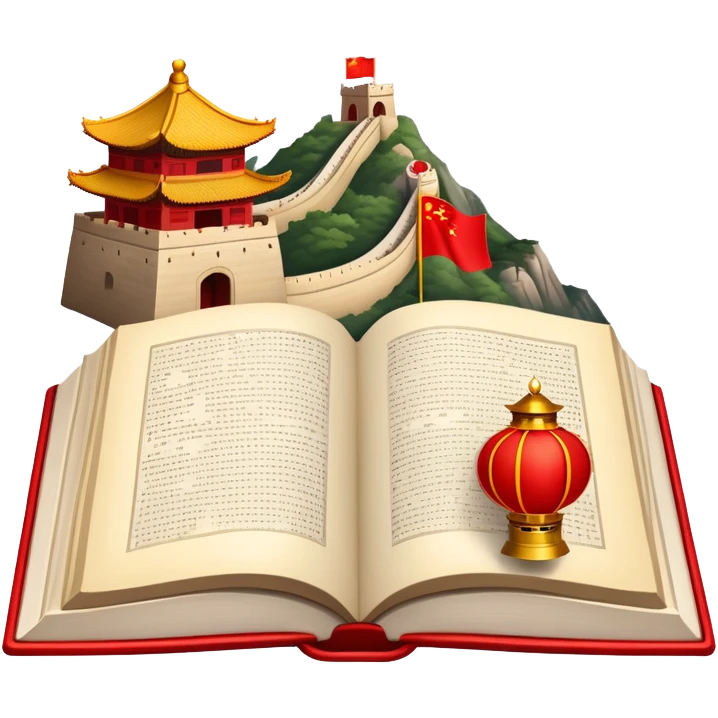 An icon featuring the Great Wall of China and the flag of China, symbolizing the Chinese language. The design includes an open book with Chinese characters and a red lantern, representing language learning and rich cultural tradition. Transparent background highlights the depth of Chinese heritage. emoji