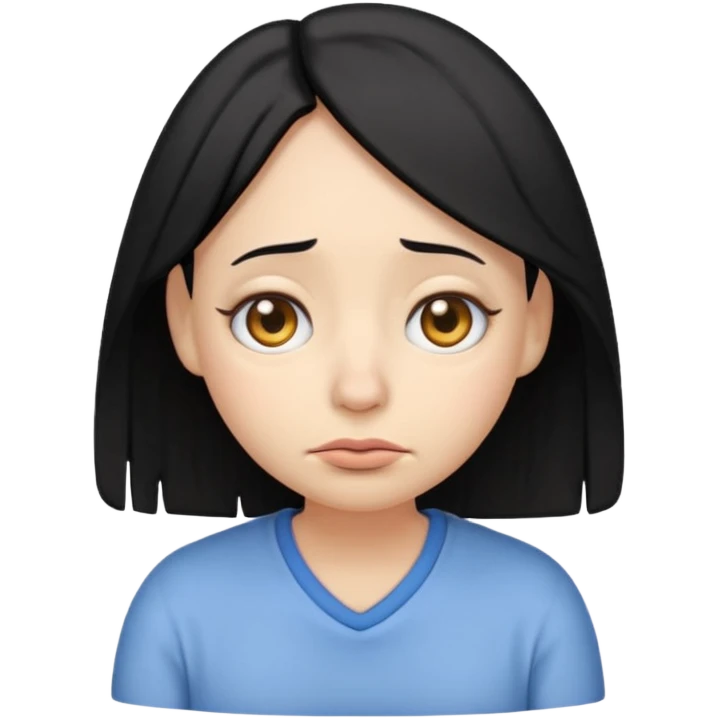 female emoji with black hair, droopy eyes, slouched posture, tired from studying emoji