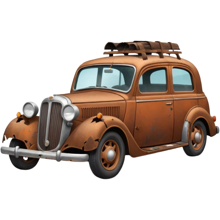 Side view of a broken-down old car with steam from the bonnet, shattered windows, rusted doors, a flat tire, dents, peeling paint, and a grimy, neglected look. emoji