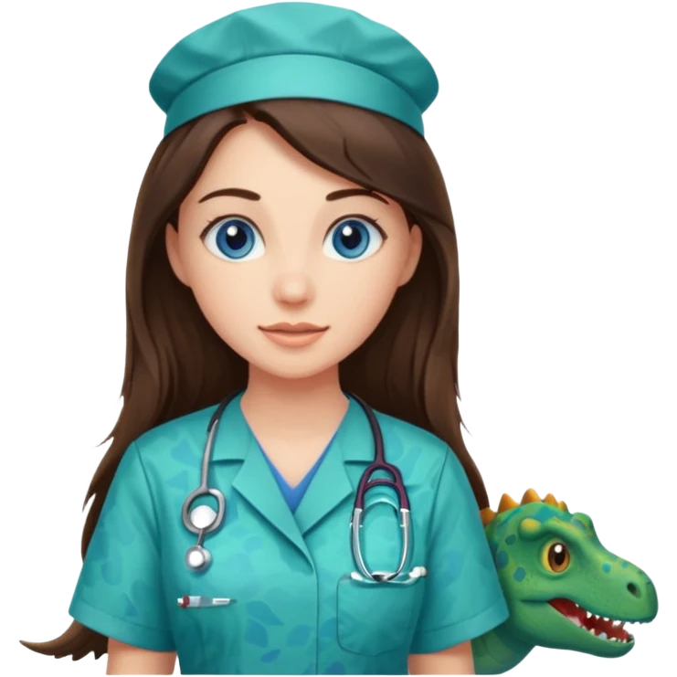 pretty brunette nurse with long hair and blue eyes in dinosaur pattern scrubs emoji