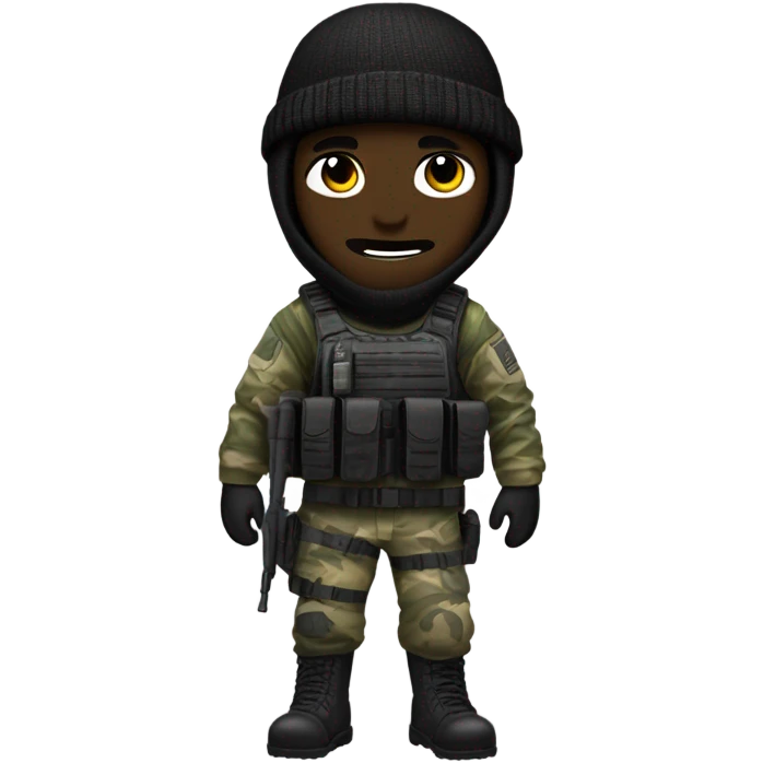 male, pale skin, call of duty black face mask, camo tactical gear, combat boots, black beanie, hazel eyes emoji
