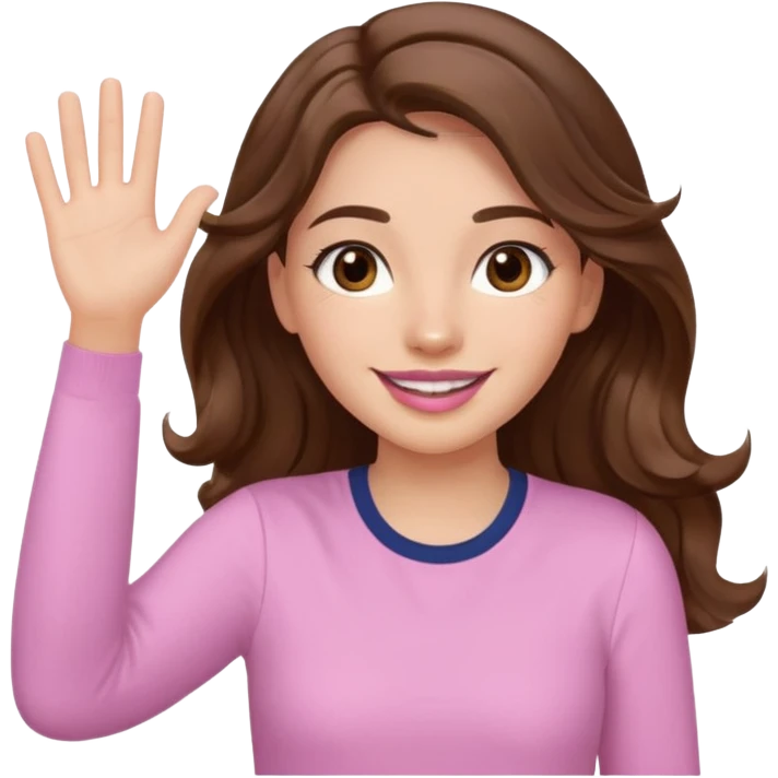 girl with wavy long brown hair, brown eyes, light to medium complexion, long lashes, light pink lipstick, smiling, wearing light pink shirt, waving motion emoji