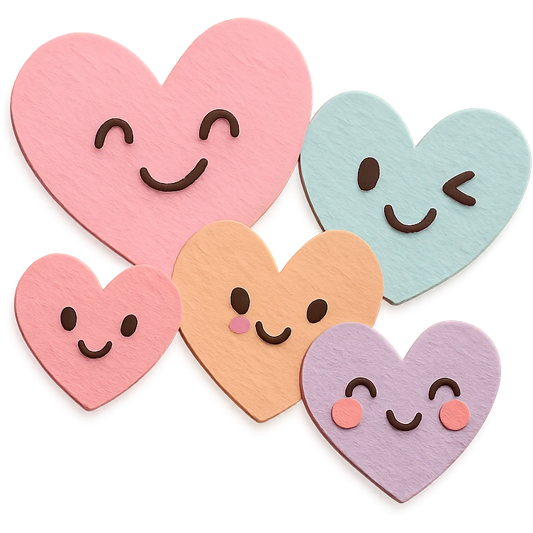 funny children's drawing of a group of hearts with different cute faces, pastel colors emoji