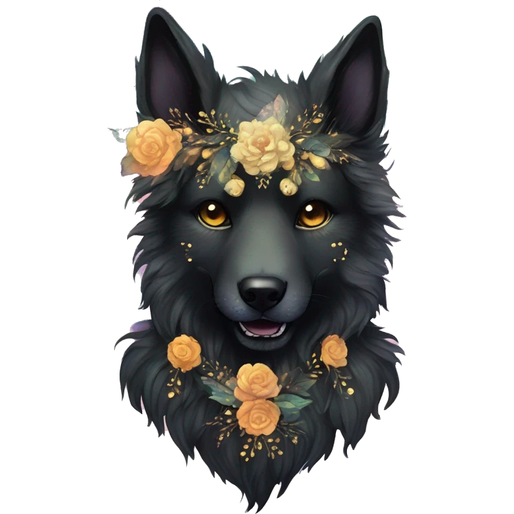 Black iridescent fluffy dog fox head zombie skull skeleton gold mechanical nebula galaxy stars colorful flowers fairy lights vintage emoji