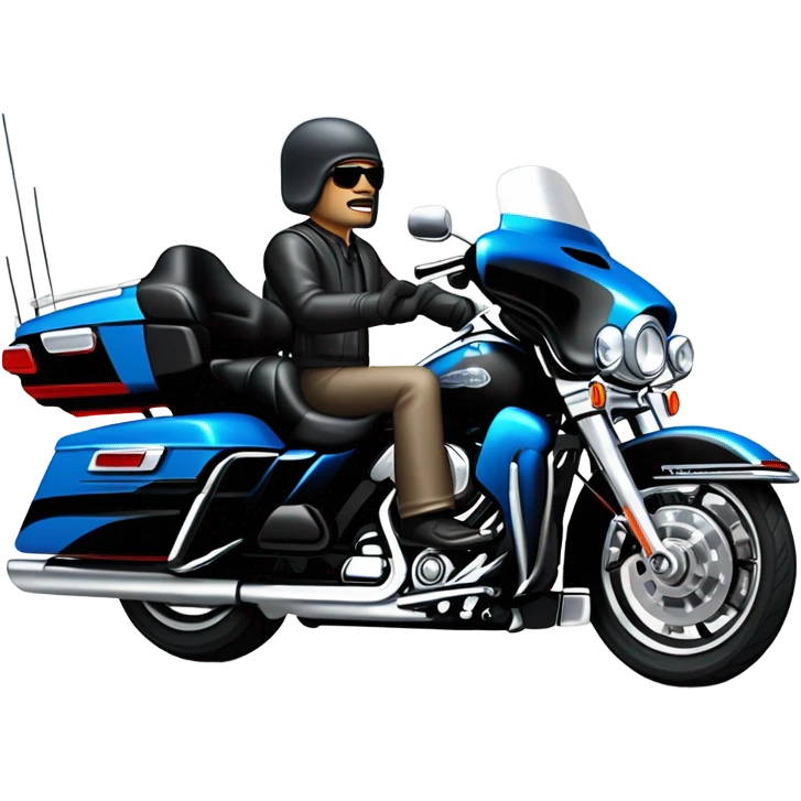 angled view of a harley davidson electra glide ultra classic with big blue pearl and vivid black two color paint scheme with midsize recurve windshield, a radio antenna, a citizen's band radio antenna and an older white man with a durag sitting on the front seat. emoji
