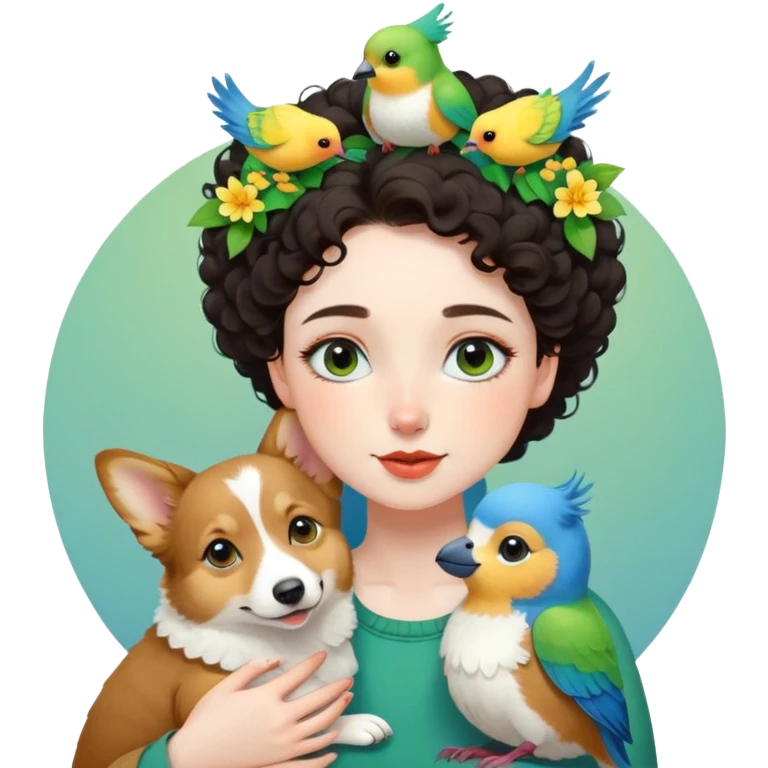 Dark short curly hair with pale skin and thin eyebrows girl hugging a welsh corgi. And a green-reddish lovebird on her head with yellow, blue love birds around her. emoji