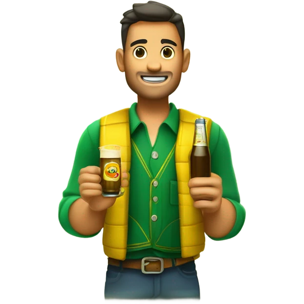 un vendedor con un palo de ciego, un chaleco verde, y tiras de cupones en el chaleco, bebiendose una cerveza, y un logo en amarillo en el chaleco con la TIPOGRAFÍA: ONCE emoji