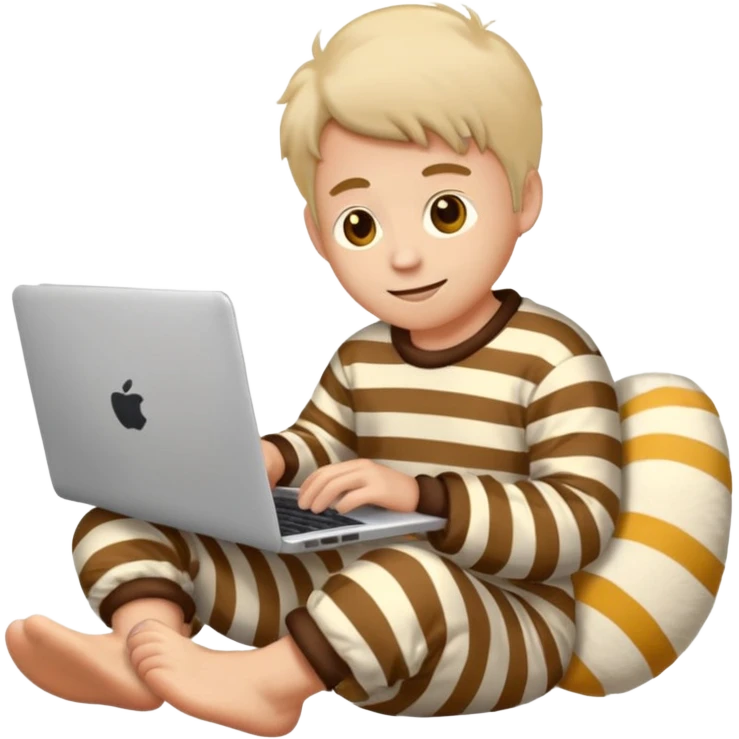 man in striped pajamas and fuzzy slippers typing on a laptop, emoji style emoji