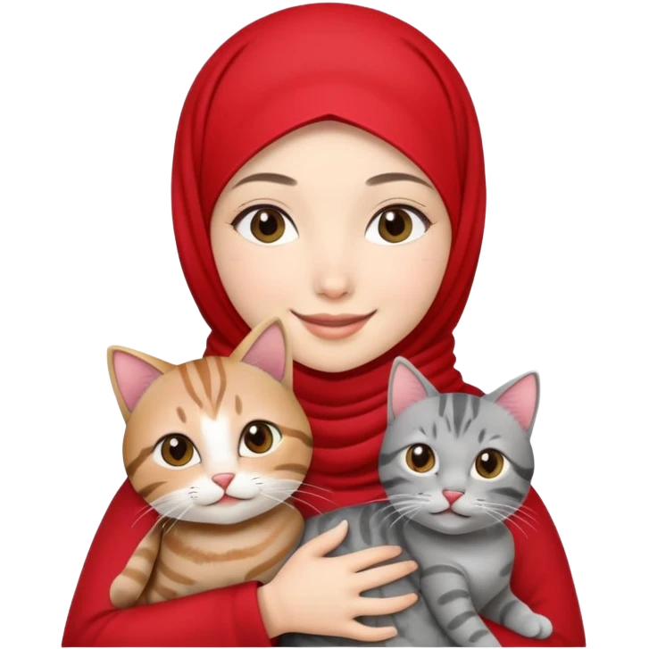 Asian White girl wearing red hijab holding a black grey tabby cat while smiling emoji