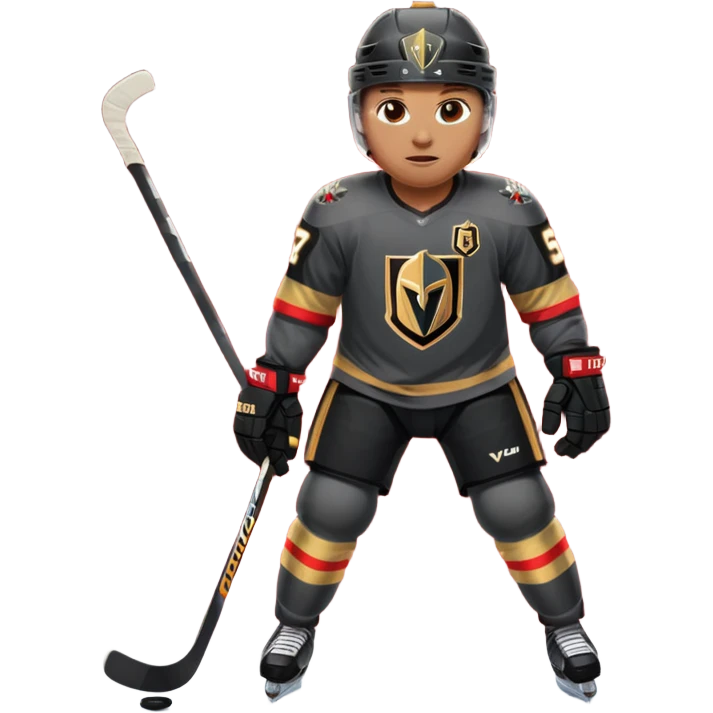 A hockey player in a Vegas Golden Knights black & gold jersey, red accent glow, centered stance, stick on the ice, confident posture. Background subtle red aura with a knight-helmet inspired motif. Clean, bold, emoji-style. emoji