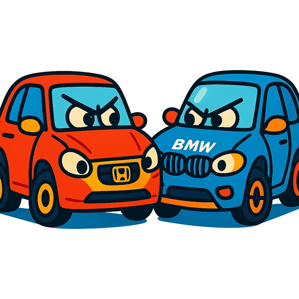 Honda and BMW cars in a fun face-off, vibrant colors emoji