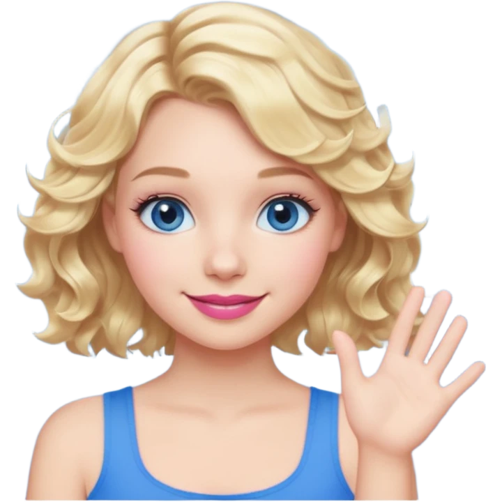 Girl Blonde short wavy hair,  blue eyes, cute blue top, long lashes, pink lips, smiling, one hand 🤷🏼‍♀️  emoji