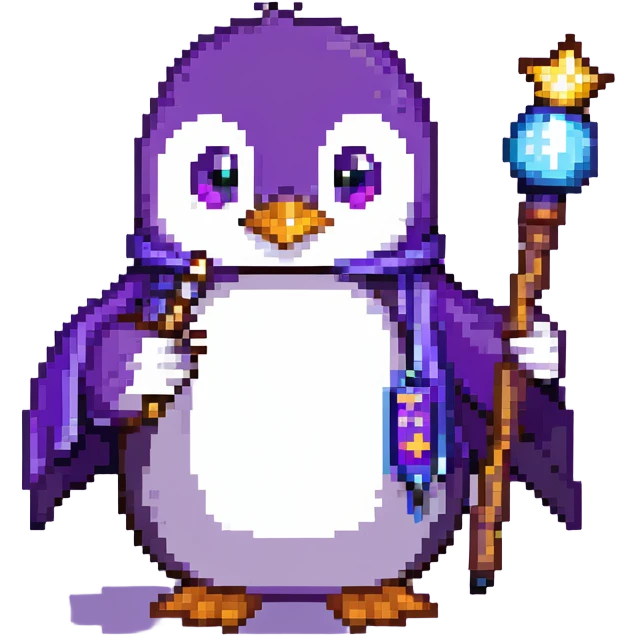 penguin wizard with a purple robe and magic wand emoji