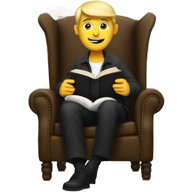 white person sitting on chair wearing black trousers  reading a book  emoji