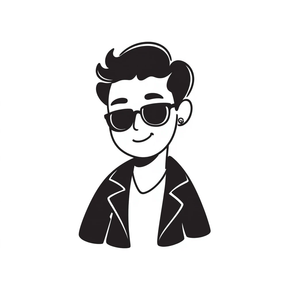A 30-year-old Latino male musician with a piercing in one ear, wearing sunglasses, with a fashionable short hairstyle styled up and to one side, smiling confidently and wearing a jacket, shrugging his shoulders with a carefree attitude emoji