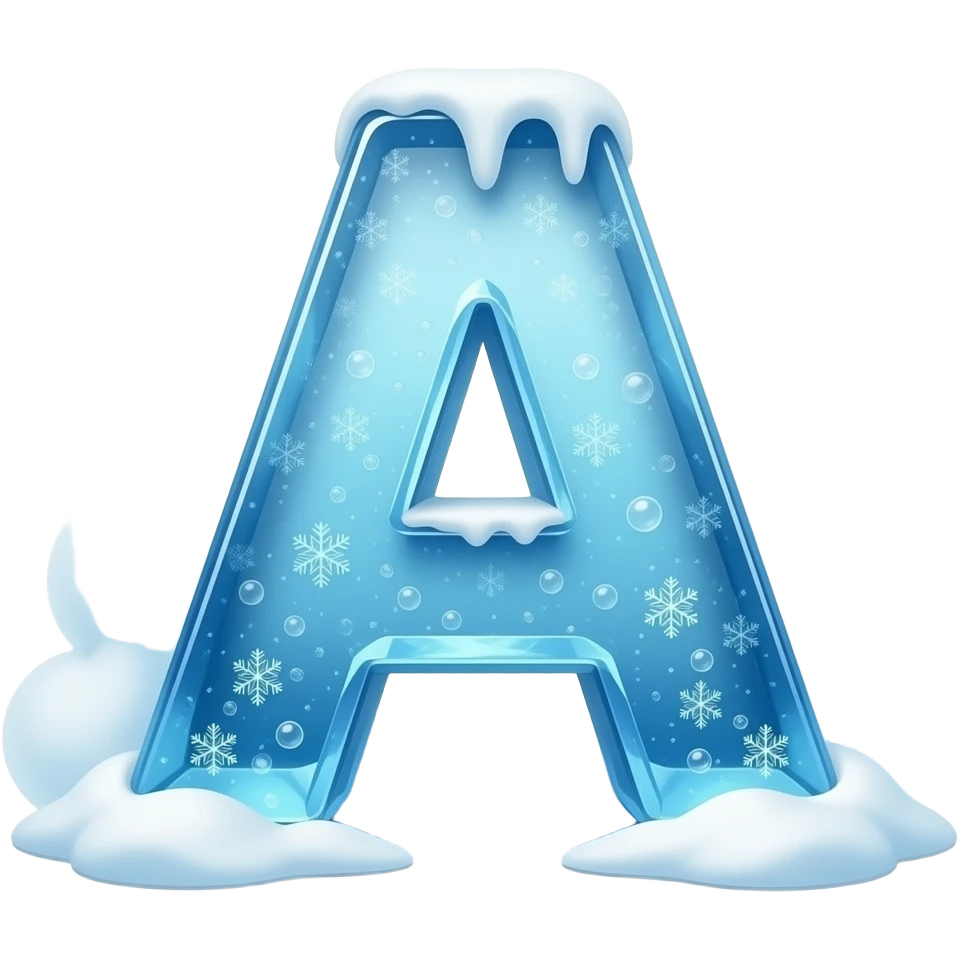 A letter 'A' carved out of ancient, translucent blue glacier ice. Trapped air bubbles and tiny snowflakes visible inside, surrounded by a swirling cold mist and sparkling frost crystals. Sharp edges, 3D render, wintry atmosphere emoji