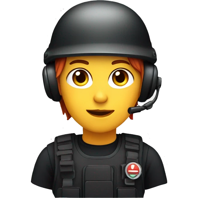 operator dressed in black with a milatary helmet, without glasses, wearing a headset, ready to respond to alerts, preferably red-haired female  emoji