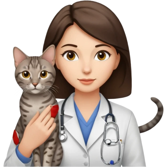 Female veterinarian, brunette, Egyptian mau cat emoji