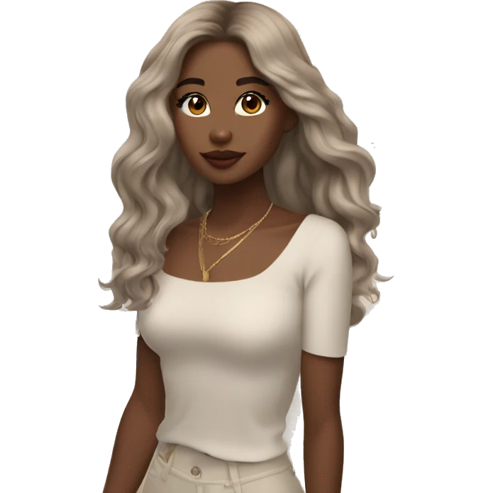 An aesthetic girl photographer, wearing off white classy outfit, her skin tone is light and hair color is ash brown. Hair style is beach waves. The hair is mid length and straight  emoji