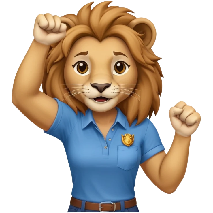 friendly anthropomorphised female lion in a shirt and pants with fist raised, energetic pose emoji