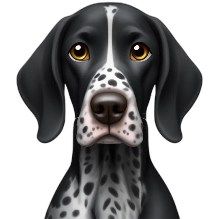 black german shorthair pointer, long snout with short ears, full black head, without white on the head, with white hair on the snout, black and white spotted body emoji