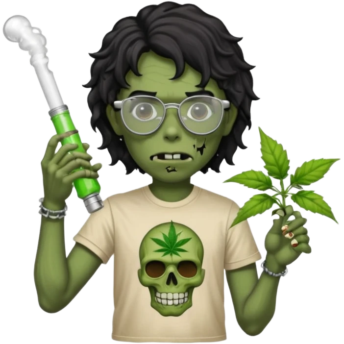 black wavy haired zombie getting stoned with weed t shirt and bong on his hand and wearing chrome hearts glasses emoji