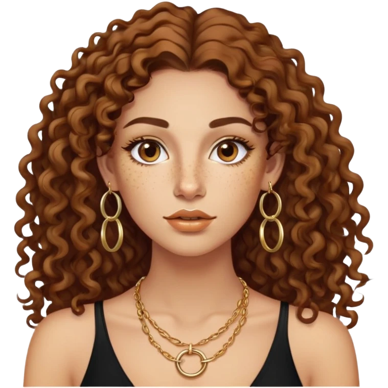 Attractive Greek woman with freckles, long curly hair, gold hoop earrings, small necklace, and lip liner on her lips emoji