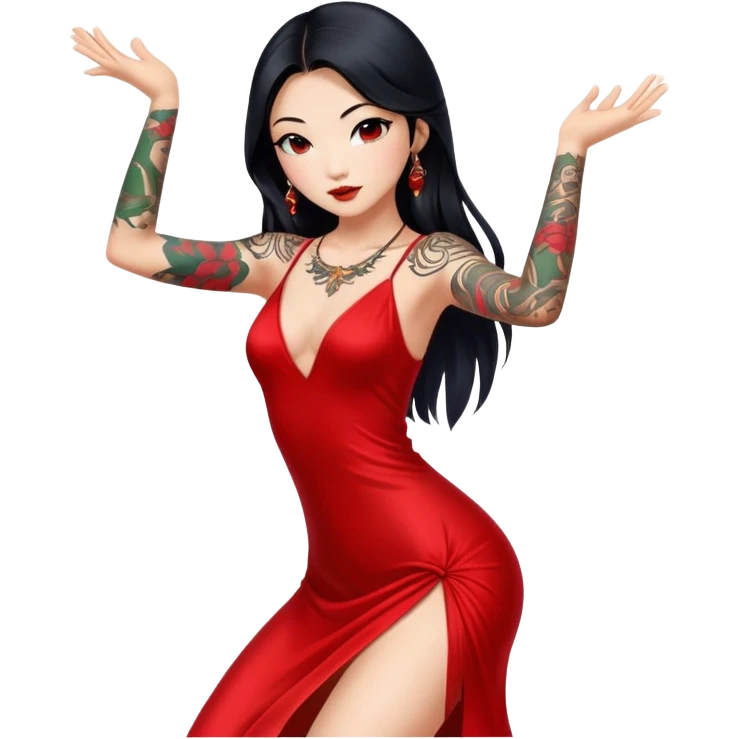 Beautiful Asian girl with long black hair and body tattoos wearing red sexy dress dancing emoji