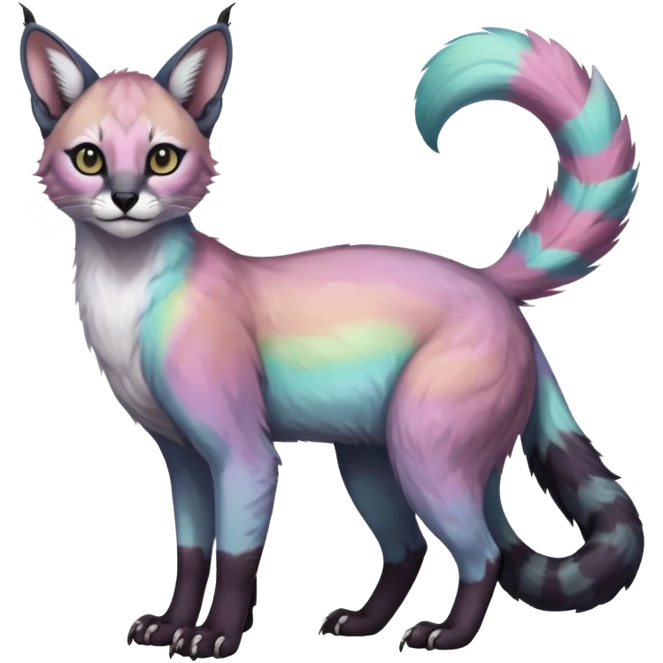 Colorful dark tropical pale light fruity pastel white glorious iridescent divine exotic cute cool beautiful beautiful fantasy-caracal-civet-genet-sergal-vernid-Gryphon-Cacomistle-Trico-oncilla-animal-Fakémon-hybrid-fursona (full body) emoji