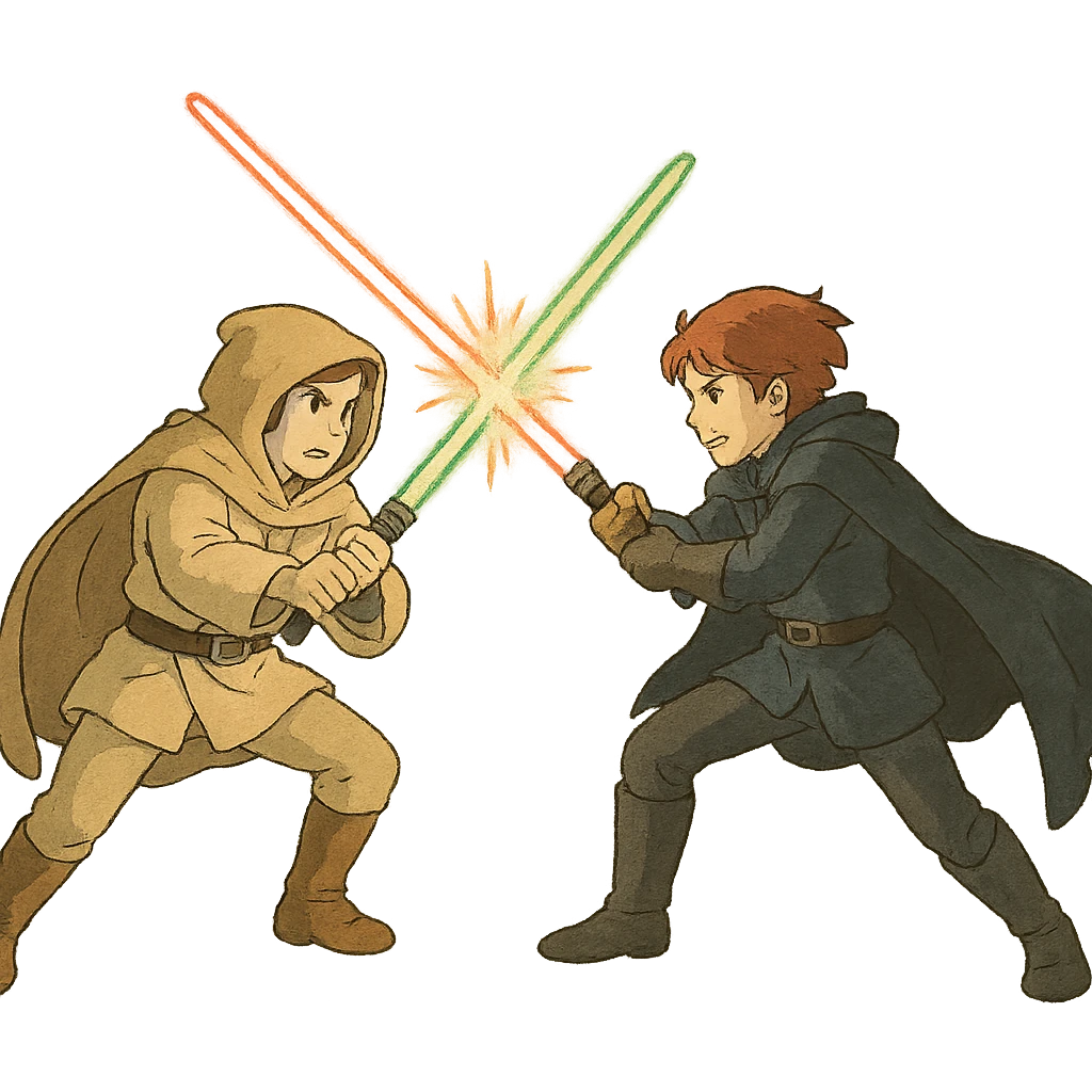 ghibli style duas espadas laser em combate, sem fundo emoji