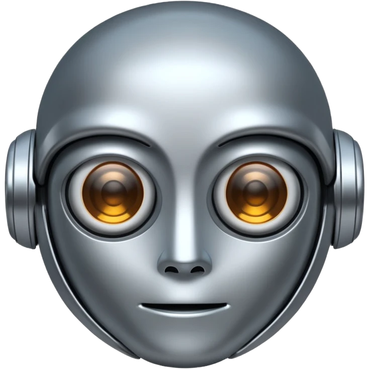 A cute futuristic robot emoji made of silver chrome, rounded friendly body, minimal facial features, glossy metallic surface, soft reflections, iOS emoji style, centered, clean white background emoji