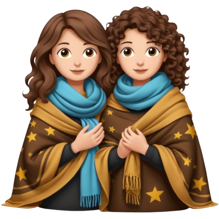 star blanket scene — long wavy brown hair tattooed woman and short tight curly brown hair woman — sharing oversized scarf blanket emoji