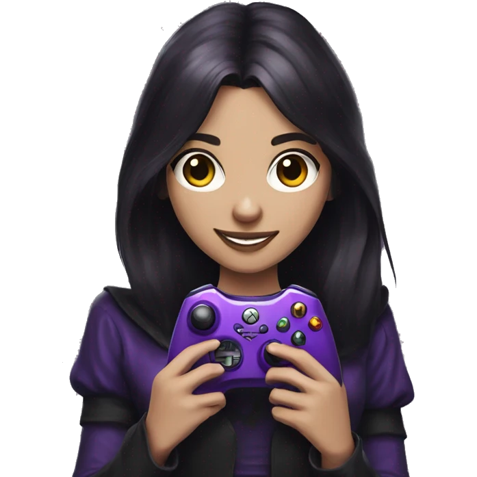 Brunette gothic gaming girl smiling holding a purple Xbox controller emoji