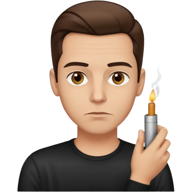 a guy with hazel eyes and slicked back brown hair stay with a lighter and a cigarette in his mouth with a sly expression on his face emoji