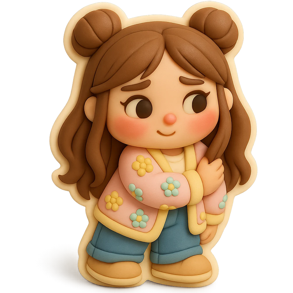 3D chibi fondant cake art style, high-quality rendering with smooth shadows and soft gradients. Girl based on reference image preserving facial features and eye shape exactly as in the reference. Long brown hair in two space buns, brown eyes, jeans, pastel floral cardigan, shoes. Thick white outline like a sticker, transparent background. Standing shyly, blushing with red cheeks and nose. Ensure the face, hairstyle, eye shape, and shoes match the reference exactly. emoji