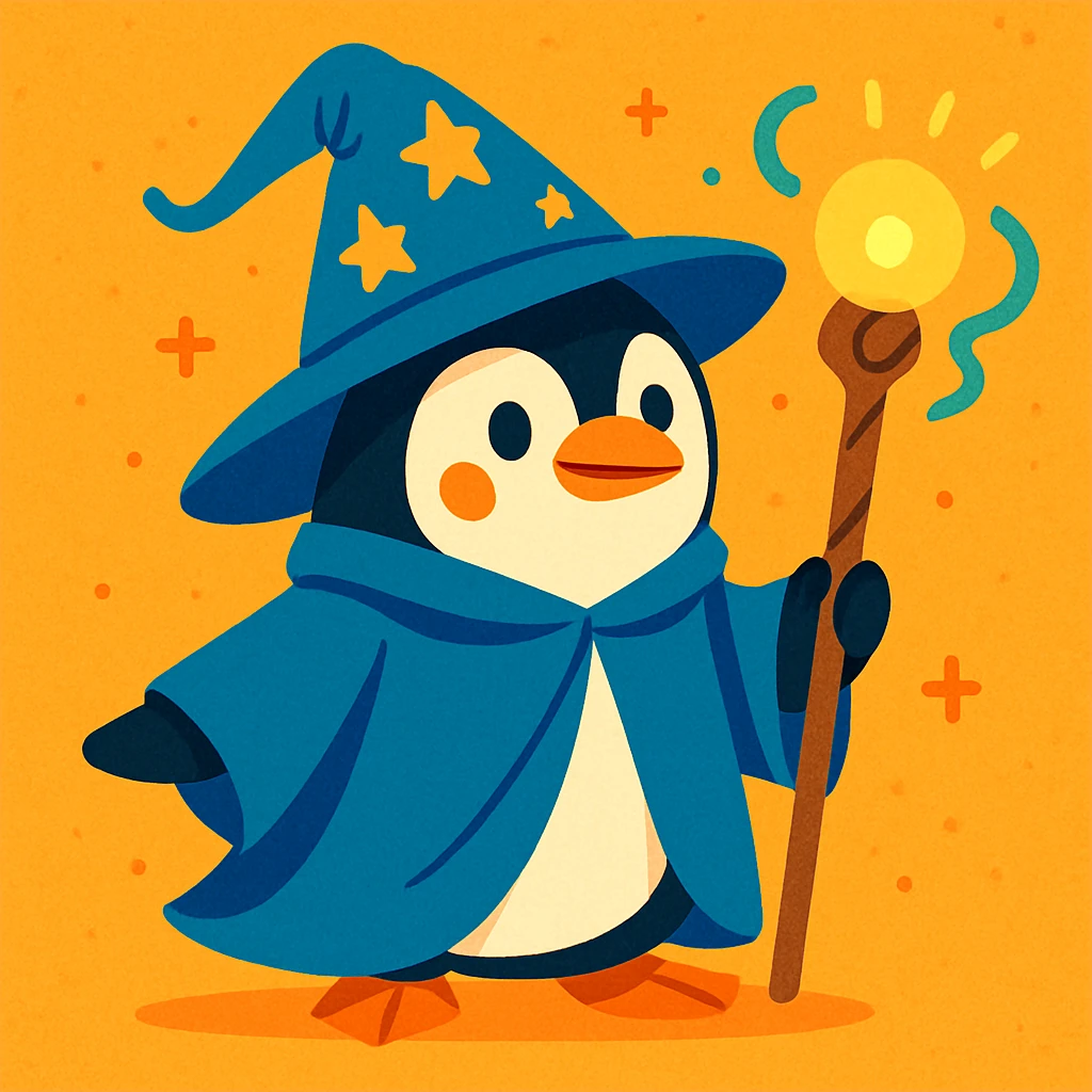 a penguin dressed as a wizard, with a pointy hat and a magic staff, fun whimsical style emoji